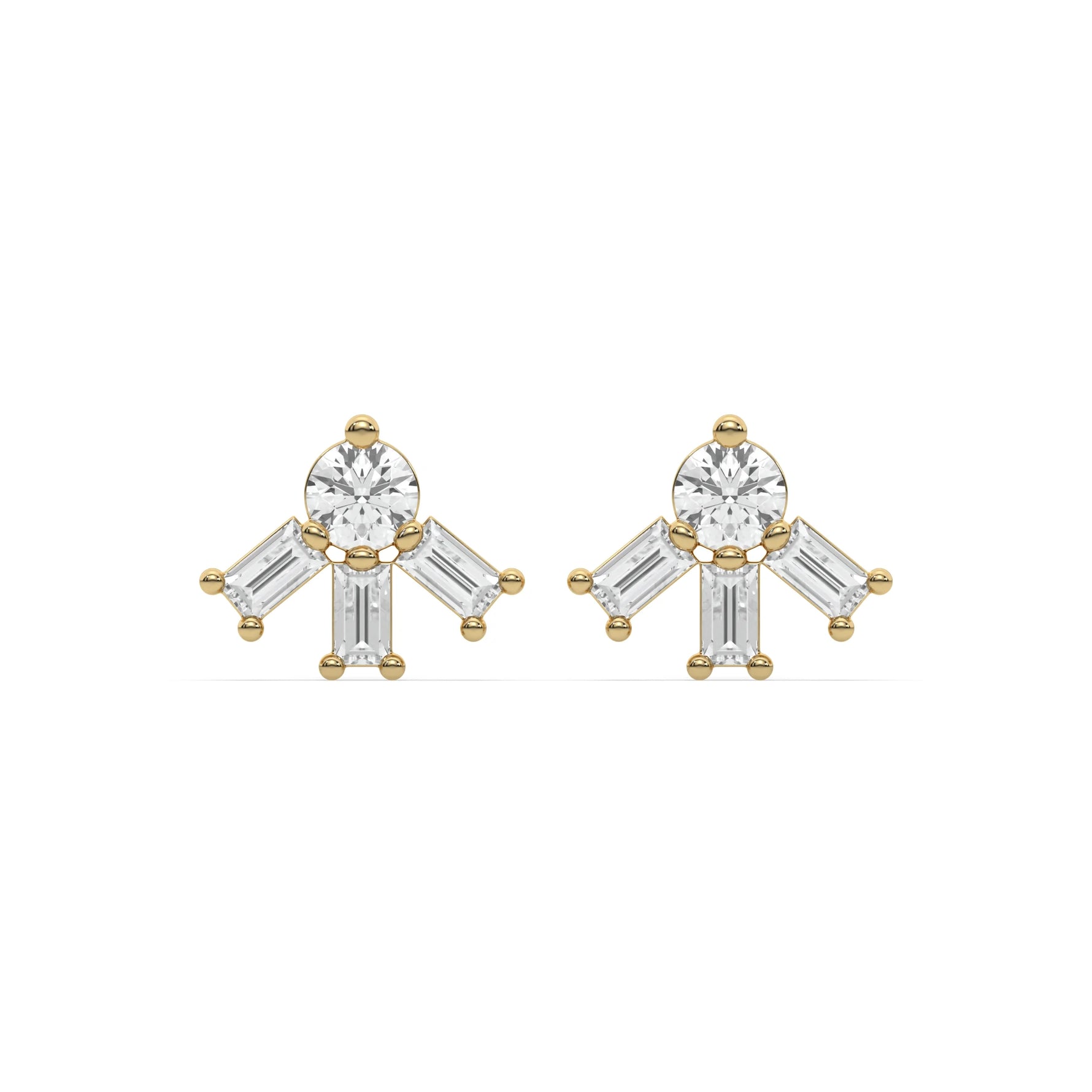 18k yellow gold natural round and baguette diamond celestial stud earrings