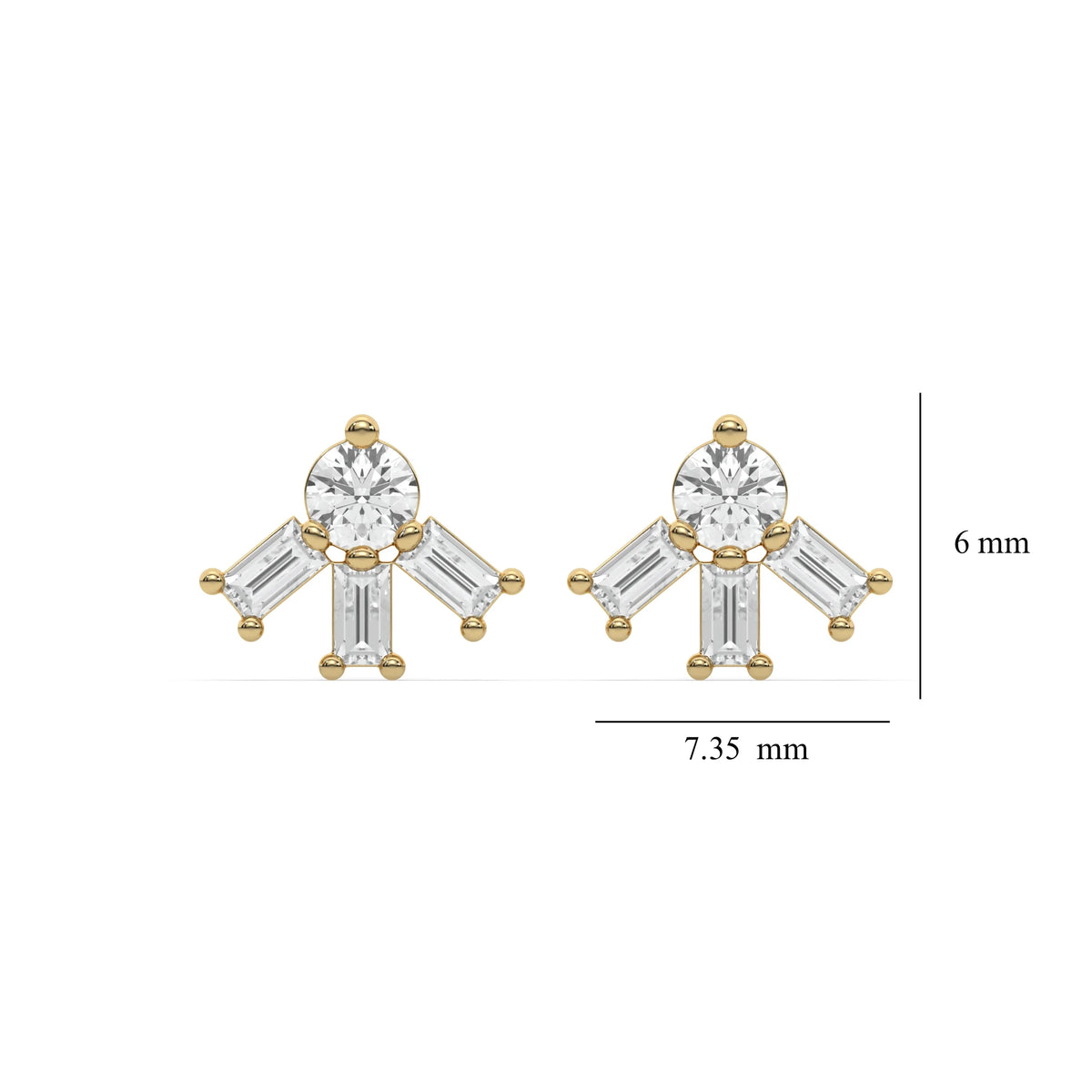 18k yellow gold natural round and baguette diamond celestial stud earrings