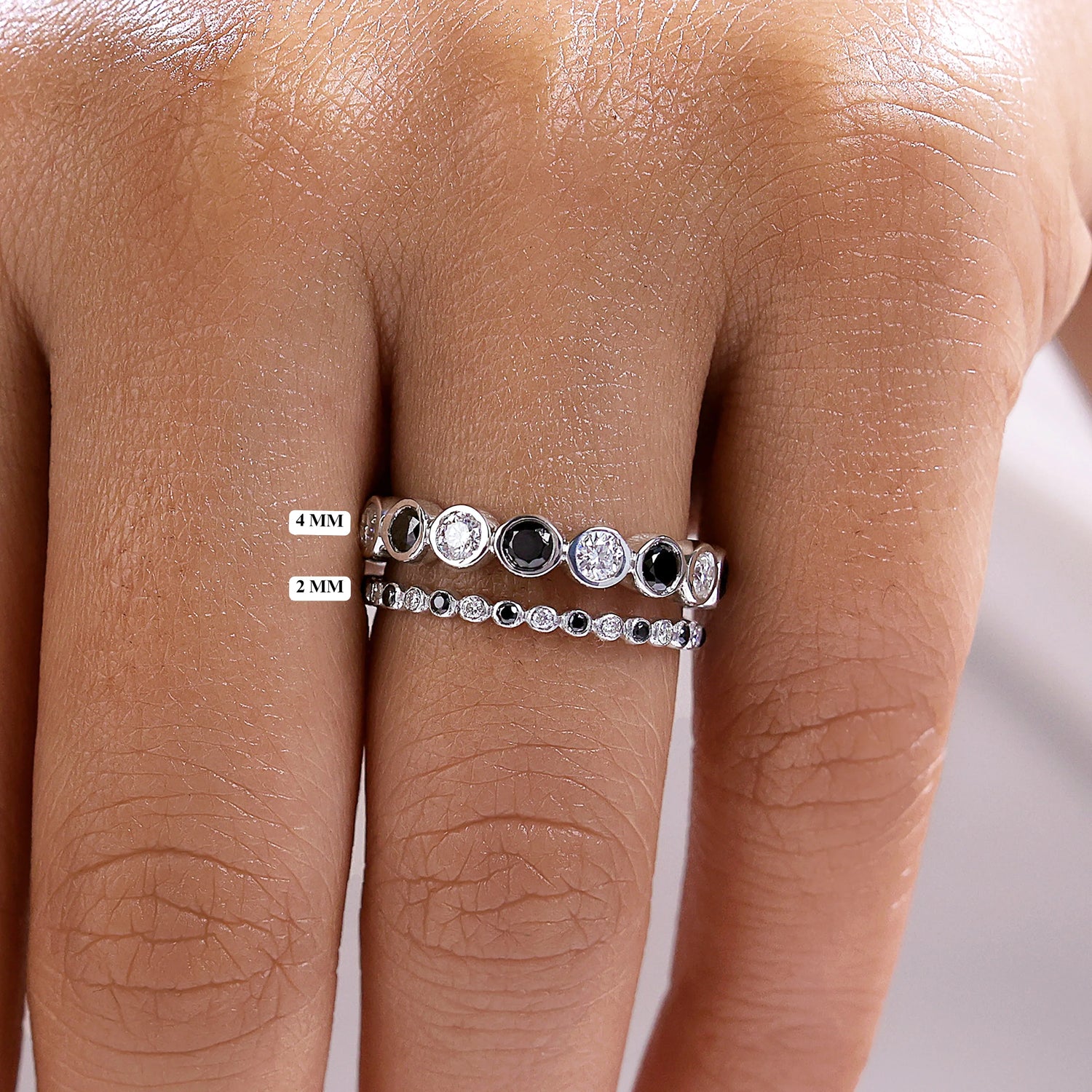 3.5 MM Round Natural Black and White Lab Alternating Bezel Set Diamond Eternity Ring