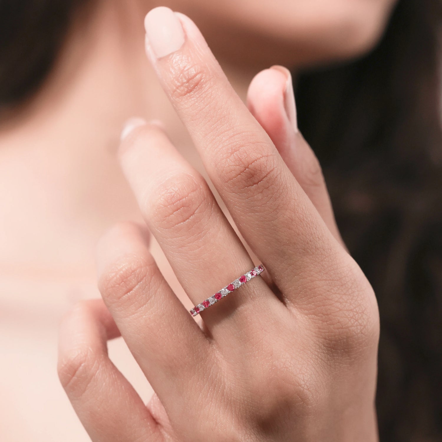 Half Eternity Round Cut Lab Ruby and Diamond Wedding Band