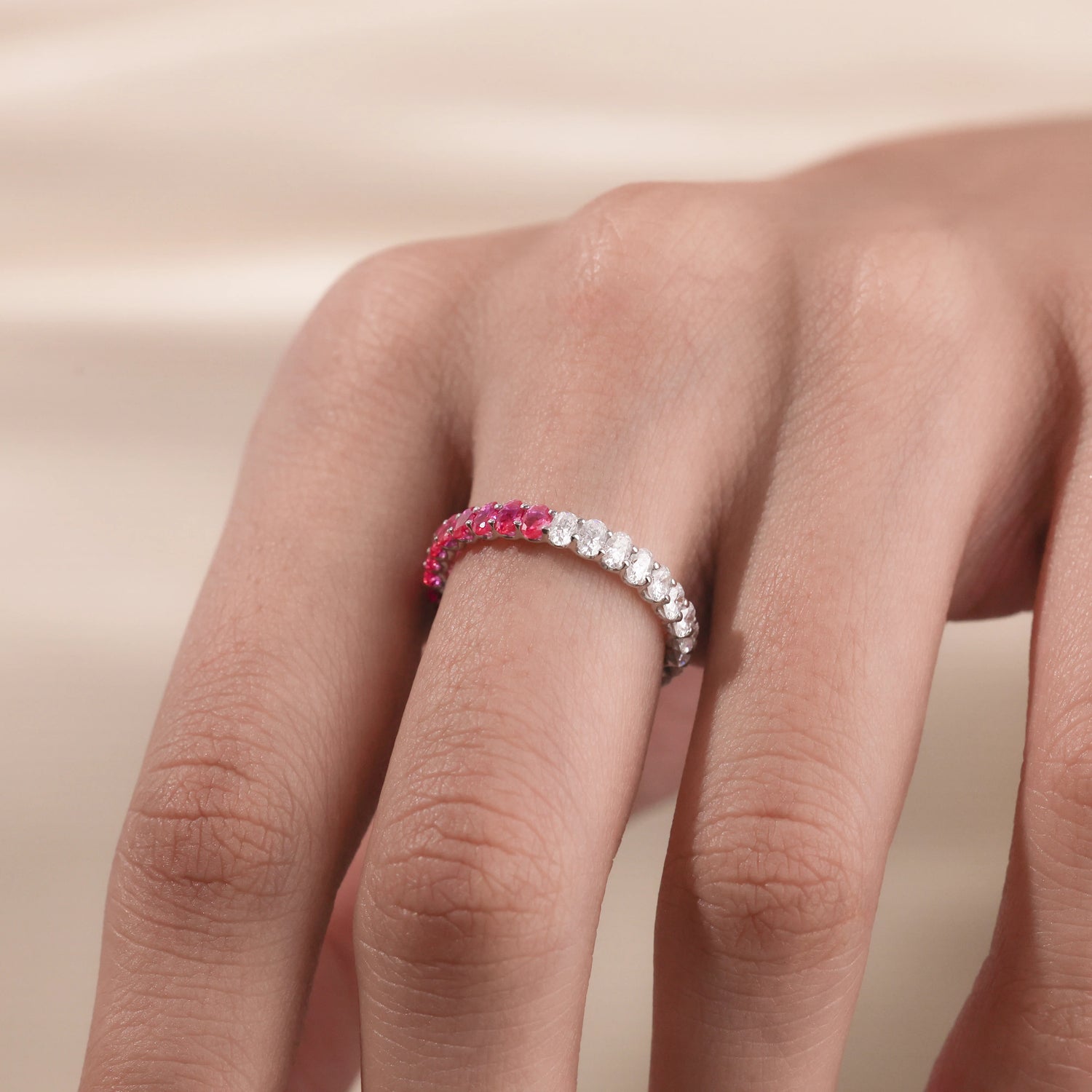 Oval Half Lab Diamond and Half Lab Ruby Gemstone Full Eternity Band