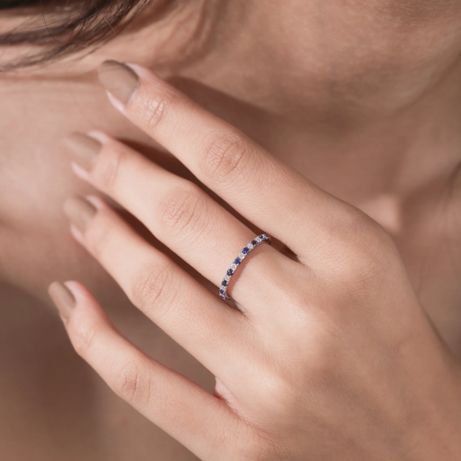 Round Cut Lab-Grown Blue Sapphire & Diamond Half Eternity Band