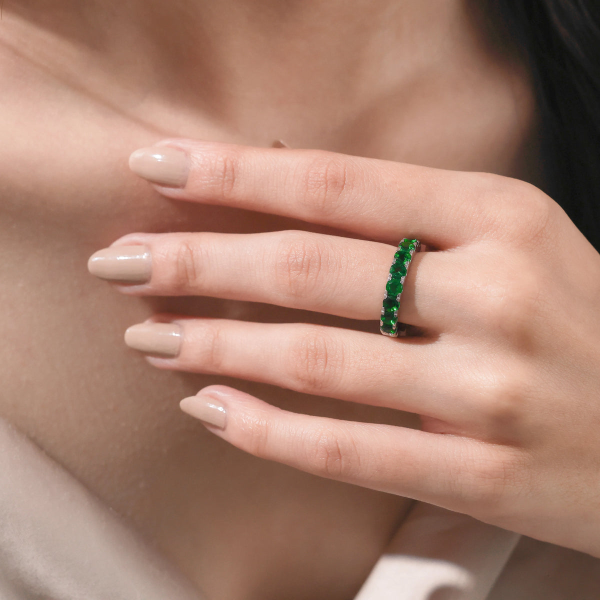 Round Emerald Gemstone Full Eternity Ring 