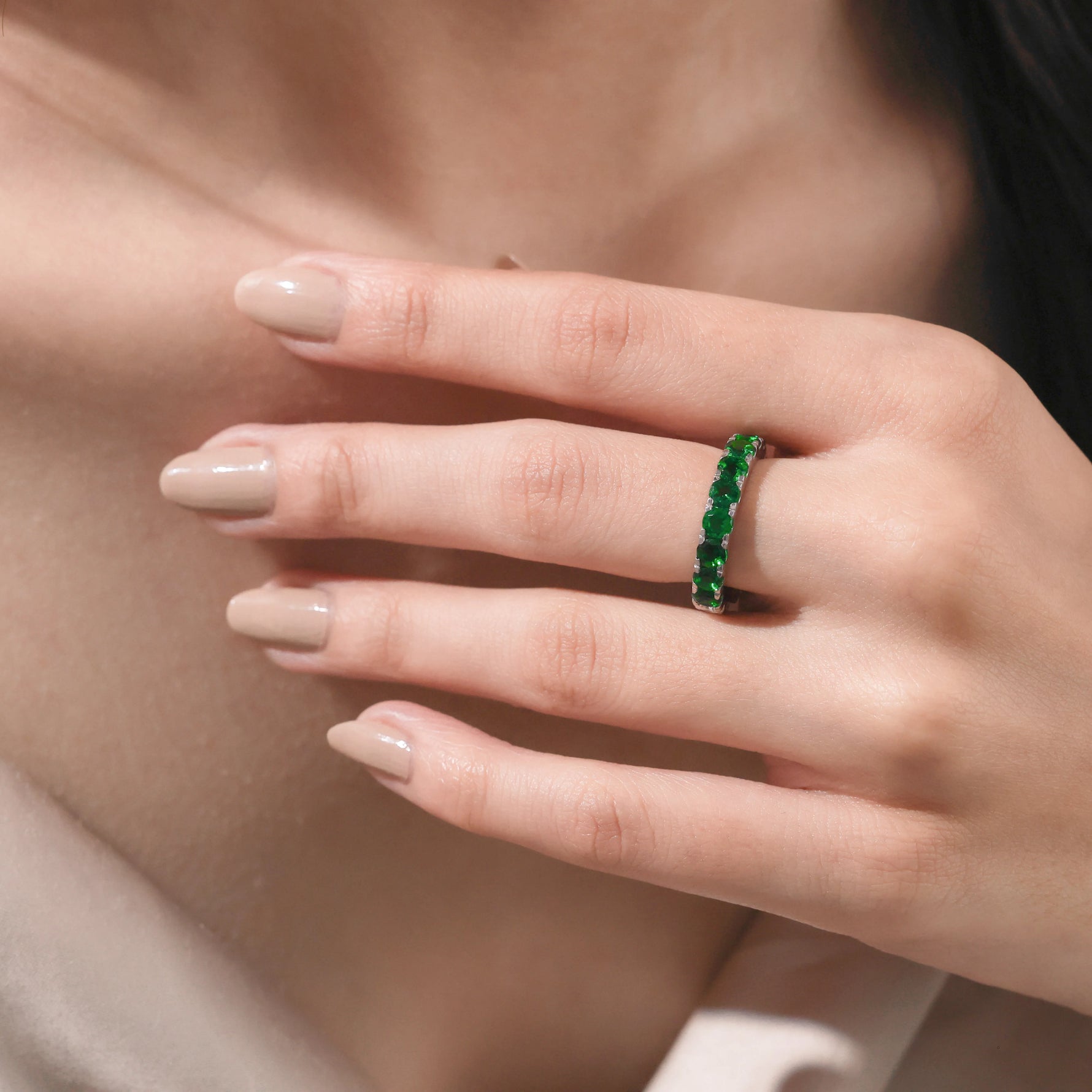Round Emerald Gemstone Full Eternity Ring 