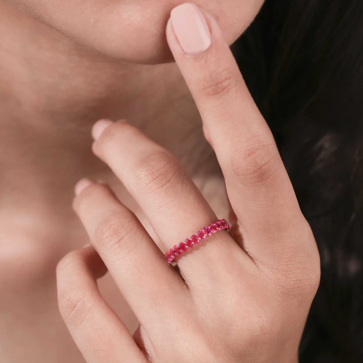 Oval Lab Created Ruby Gemstone Full Eternity Wedding Band