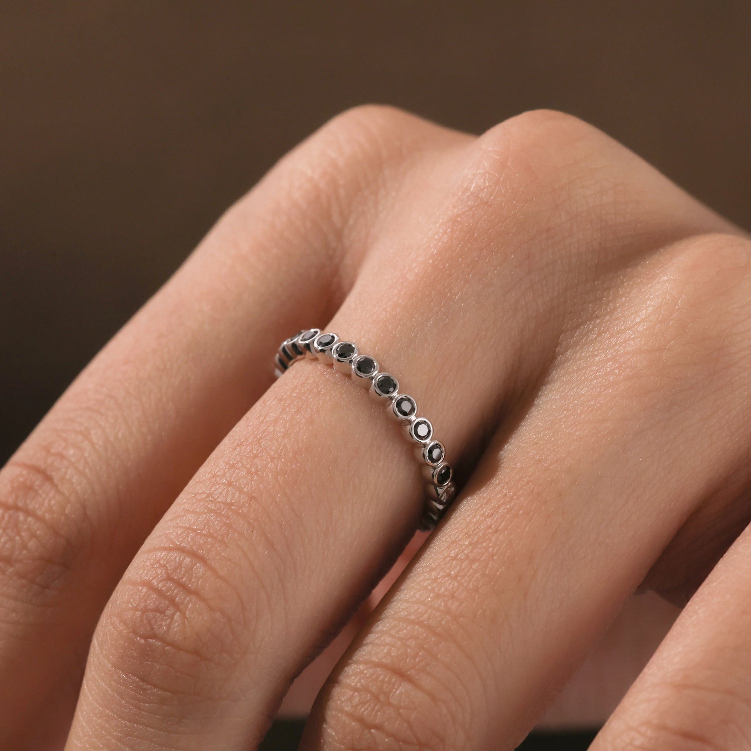 Round Cut Black Natural Diamond Bezel Set Eternity Ring