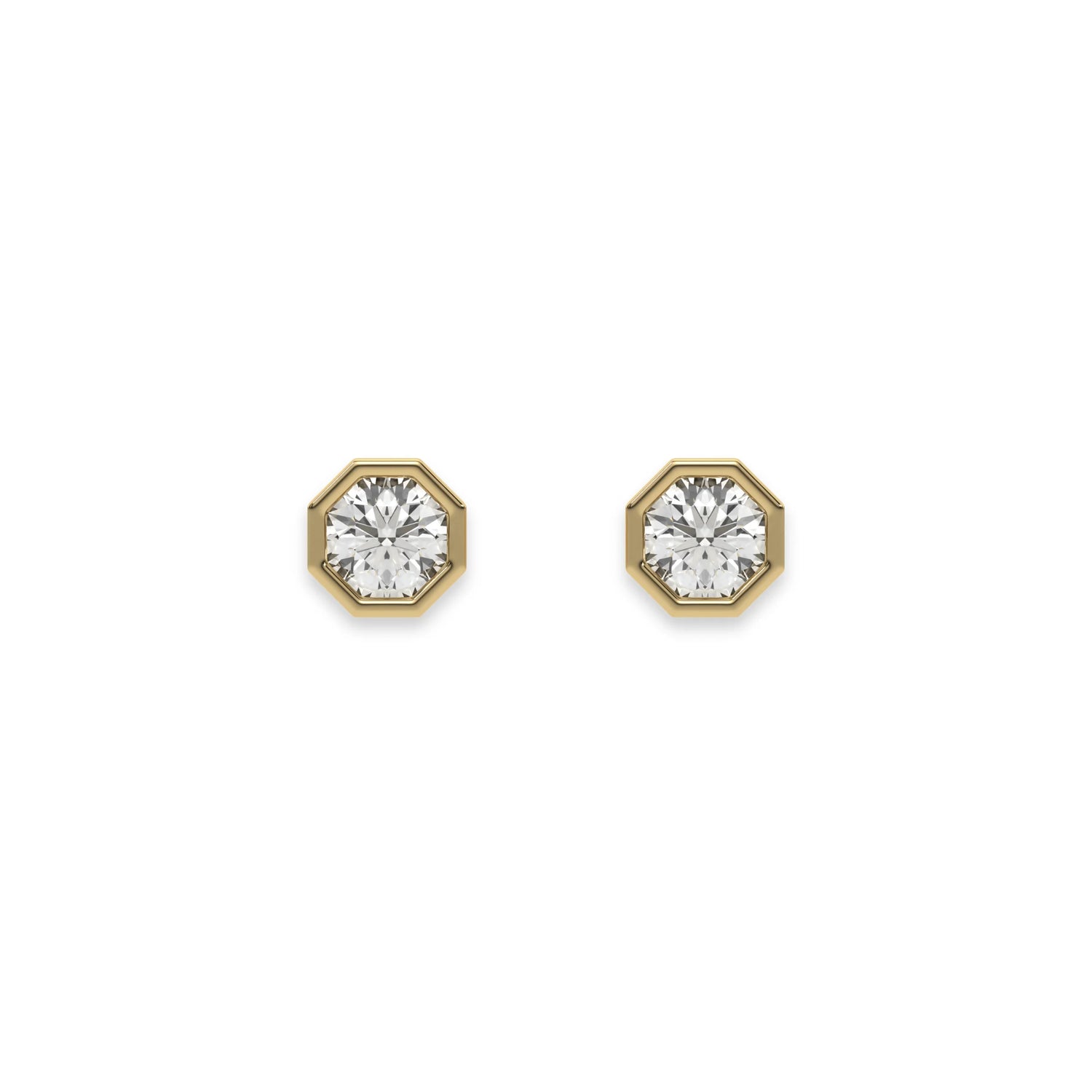 This yellow gold Classic Round Diamond Studs made with round brilliant-cut diamonds and set in an octagonal bezel setting in top view