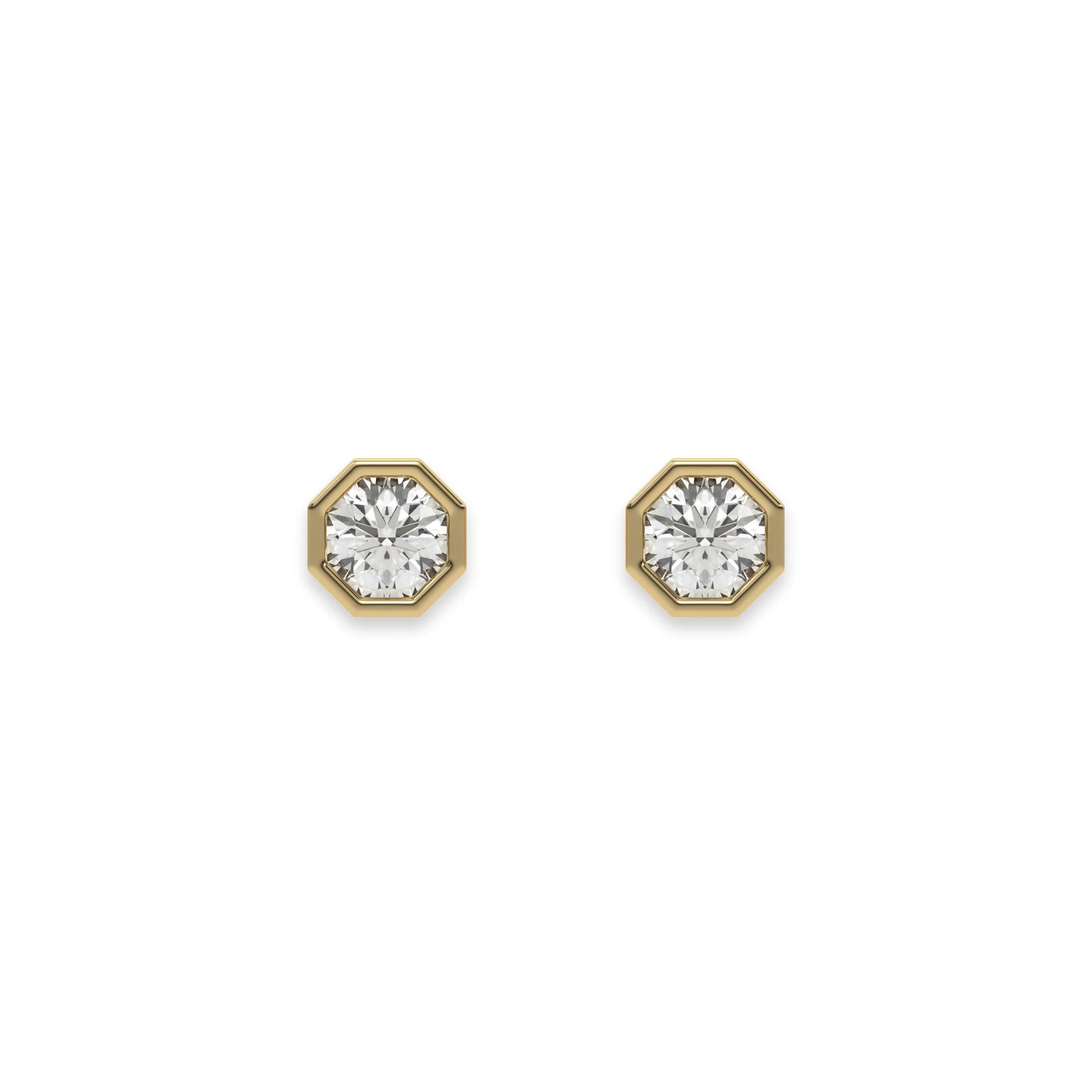 This yellow gold Classic Round Diamond Studs made with round brilliant-cut diamonds and set in an octagonal bezel setting in top view