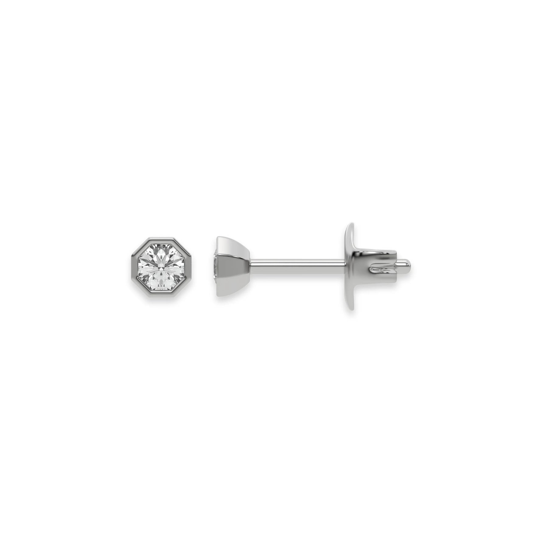 This white gold Classic Round Diamond Studs made with round brilliant-cut diamonds and set in an octagonal bezel setting in top view and side view