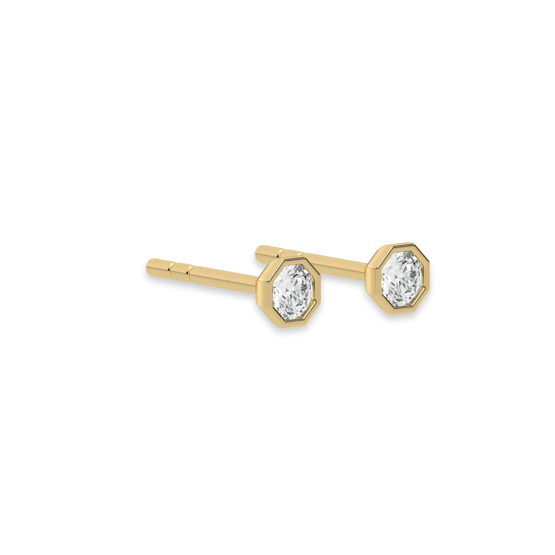 This yellow gold Classic Round Diamond Studs made with round brilliant-cut diamonds and set in an octagonal bezel setting in side view