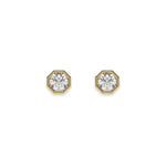 Pair of round diamond stud earring designs crafted in yellow gold featuring an octagonal bezel setting