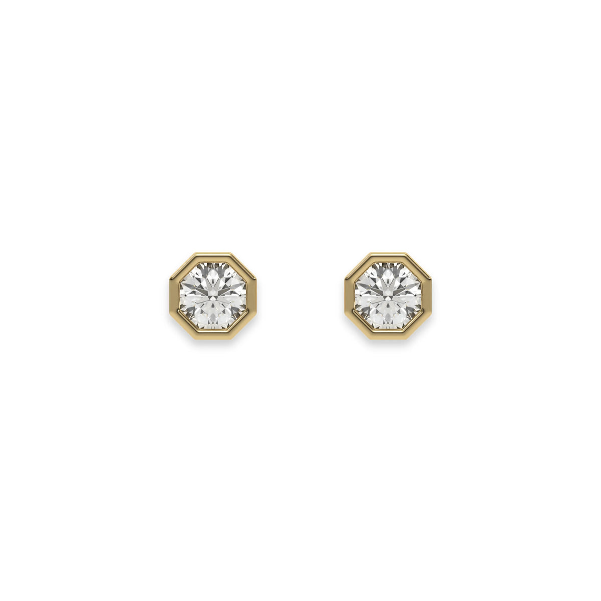 Pair of round diamond stud earring designs crafted in yellow gold featuring an octagonal bezel setting