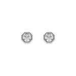 White gold round diamond stud earring pair secured in a classic octagonal bezel setting on a plain white background.