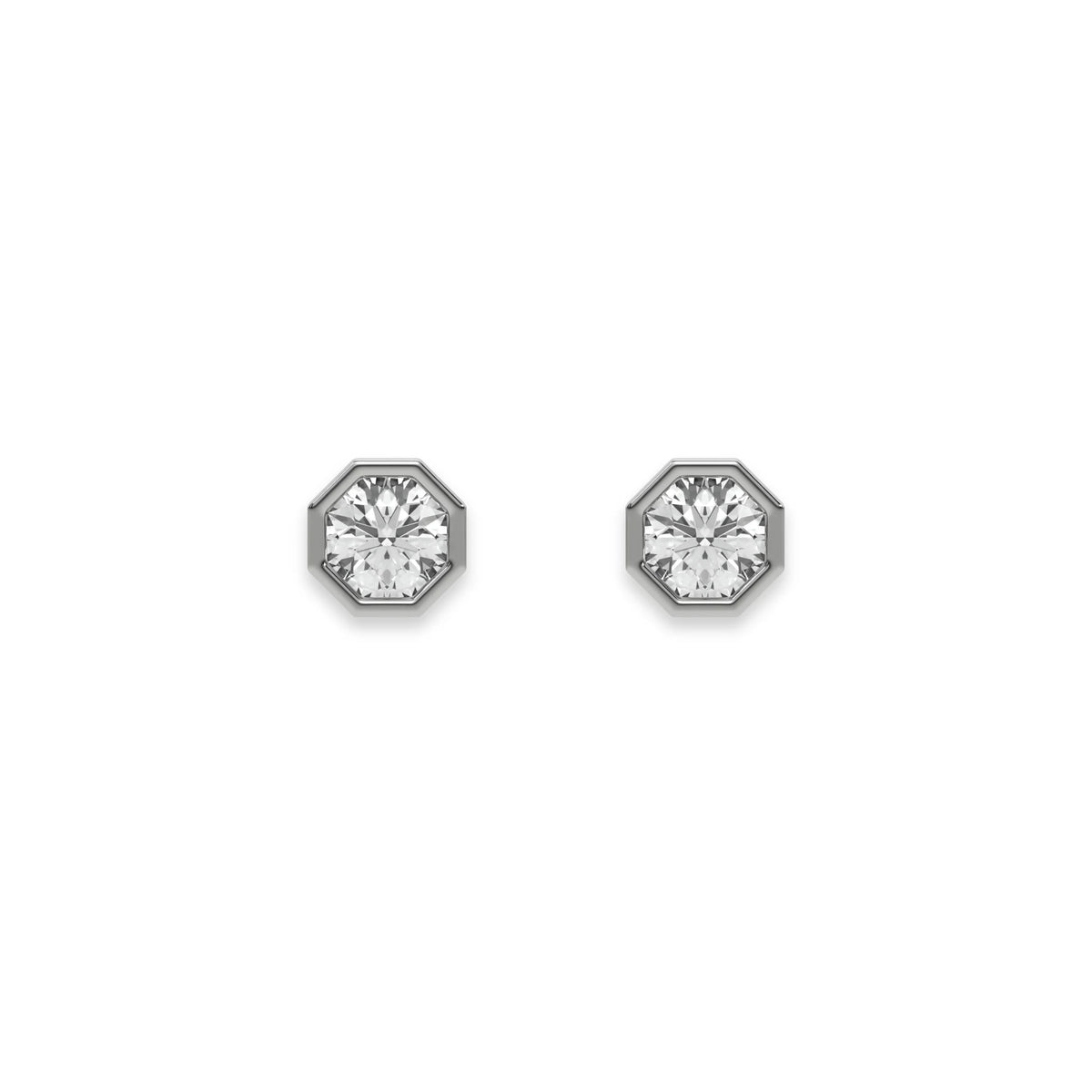 White gold round diamond stud earring pair secured in a classic octagonal bezel setting on a plain white background.