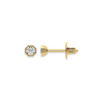 Front and side profile of a round diamond stud earring crafted in 14K yellow gold with an octagonal bezel setting.