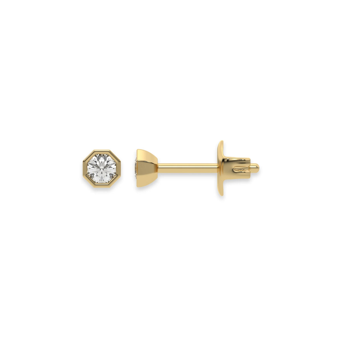 Front and side profile of a round diamond stud earring crafted in 14K yellow gold with an octagonal bezel setting.