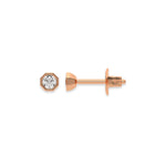 Front and side profile of a round diamond stud earring crafted in 18K rose gold with an octagonal bezel setting.