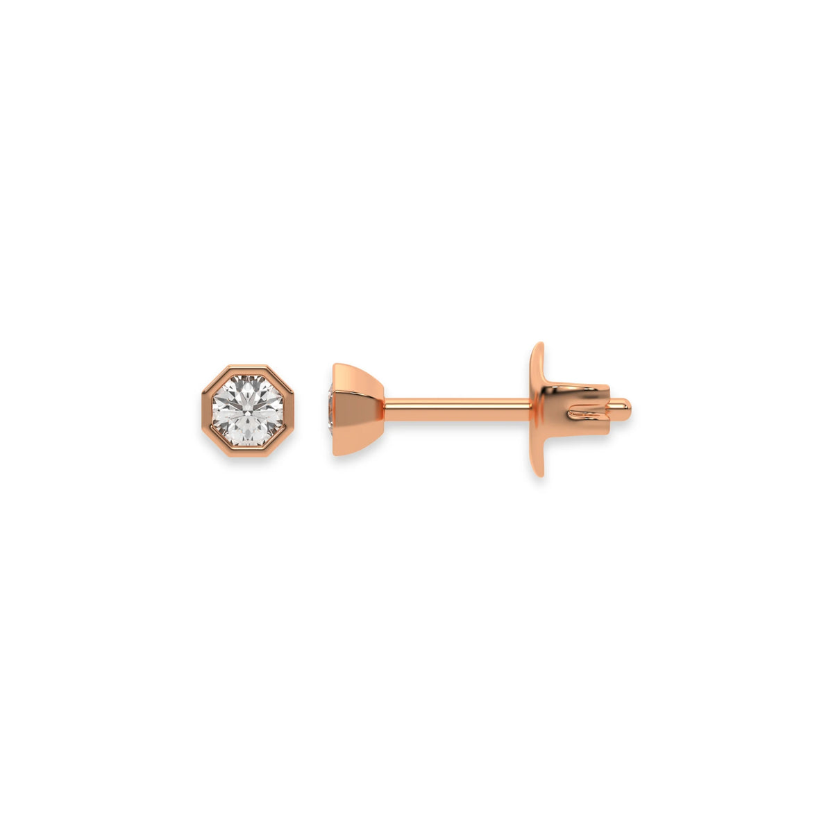 Front and side profile of a round diamond stud earring crafted in 18K rose gold with an octagonal bezel setting.