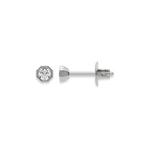 Front and side profile of a round diamond stud earring crafted in 10K white gold with an octagonal bezel setting.