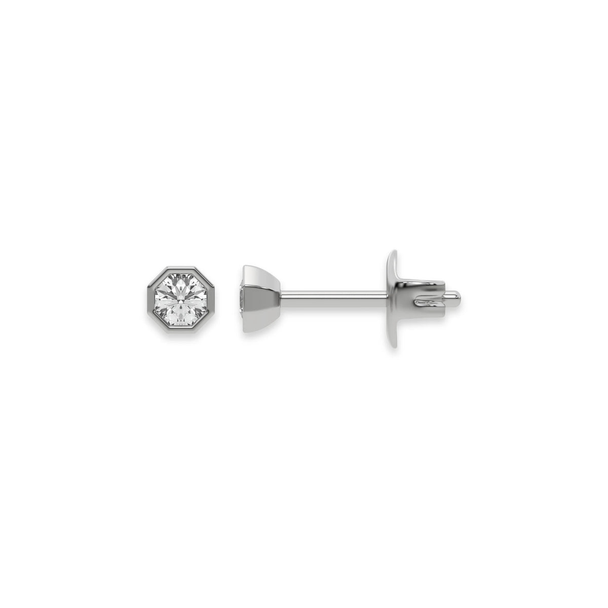 Front and side profile of a round diamond stud earring crafted in 10K white gold with an octagonal bezel setting.