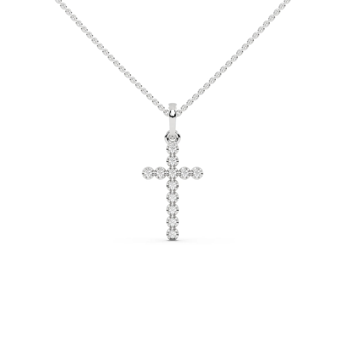 This white gold Cross pendant made with 12 round diamonds, securely set in prongs in top view