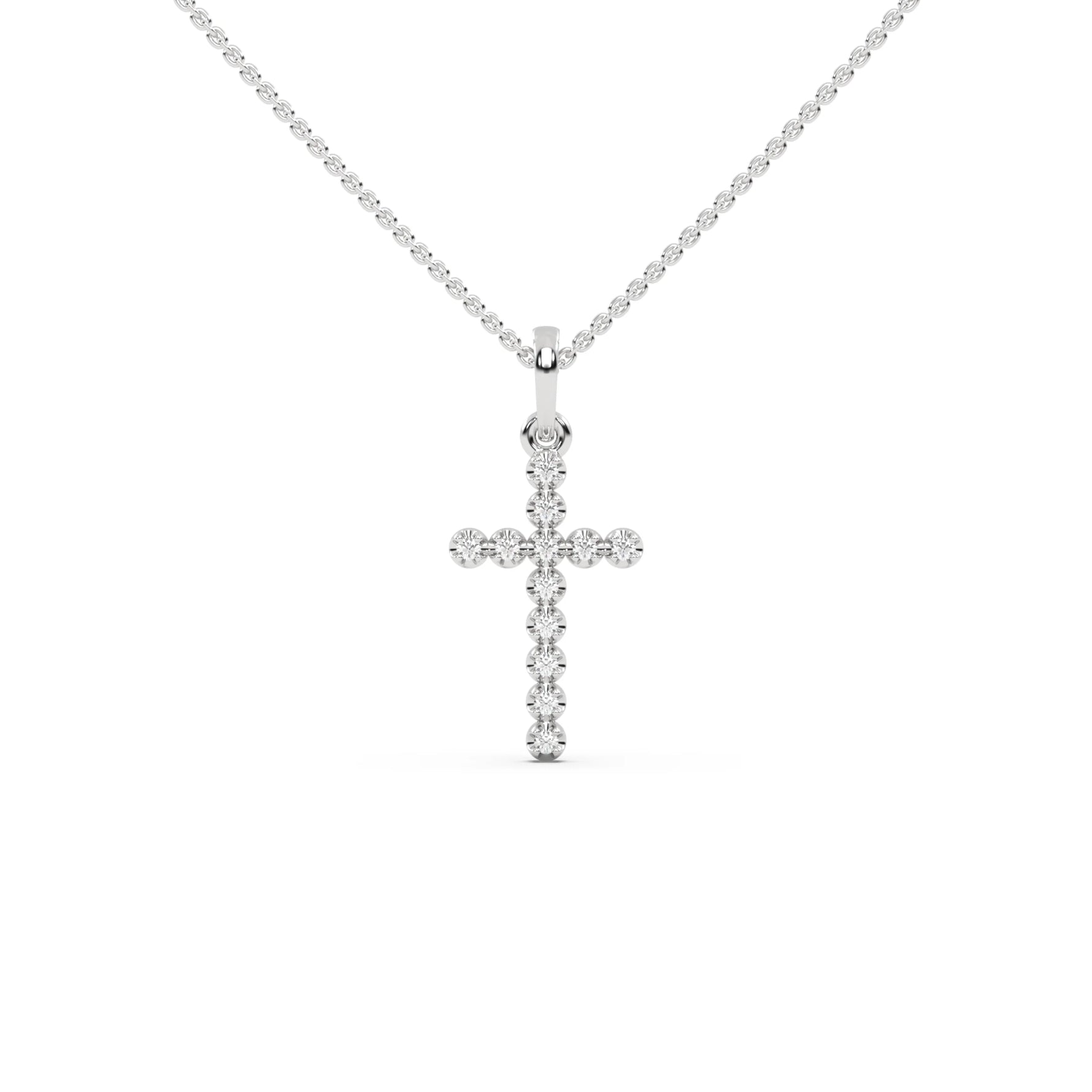 This white gold Cross pendant made with 12 round diamonds, securely set in prongs in top view