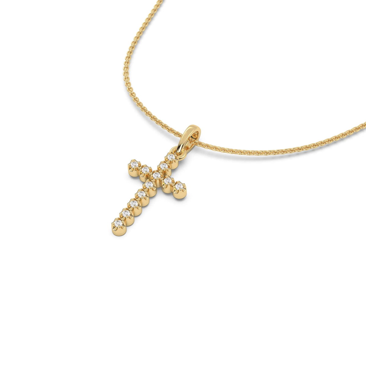 This yellow gold Cross pendant made with 12 round diamonds, securely set in prongs in 3D view