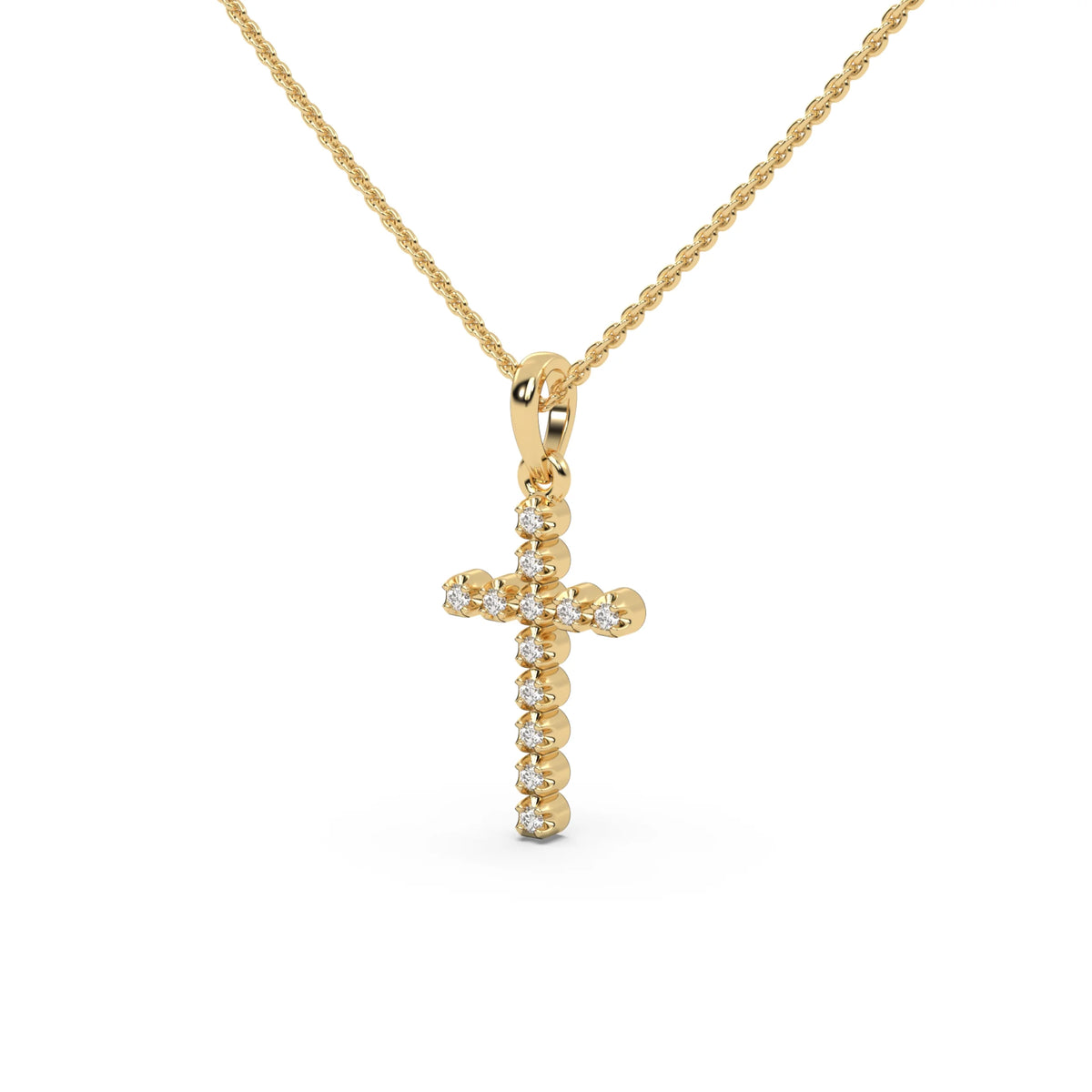 This yellow gold Cross pendant made with 12 round diamonds, securely set in prongs in side view