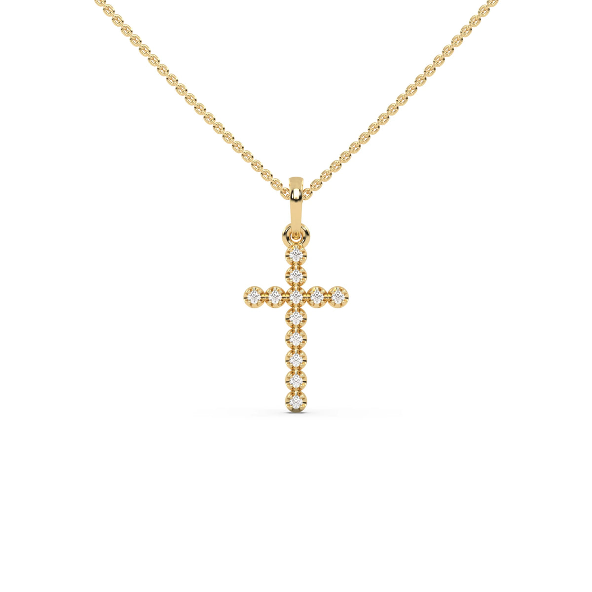 This yellow gold Cross pendant made with 12 round diamonds, securely set in prongs in top view