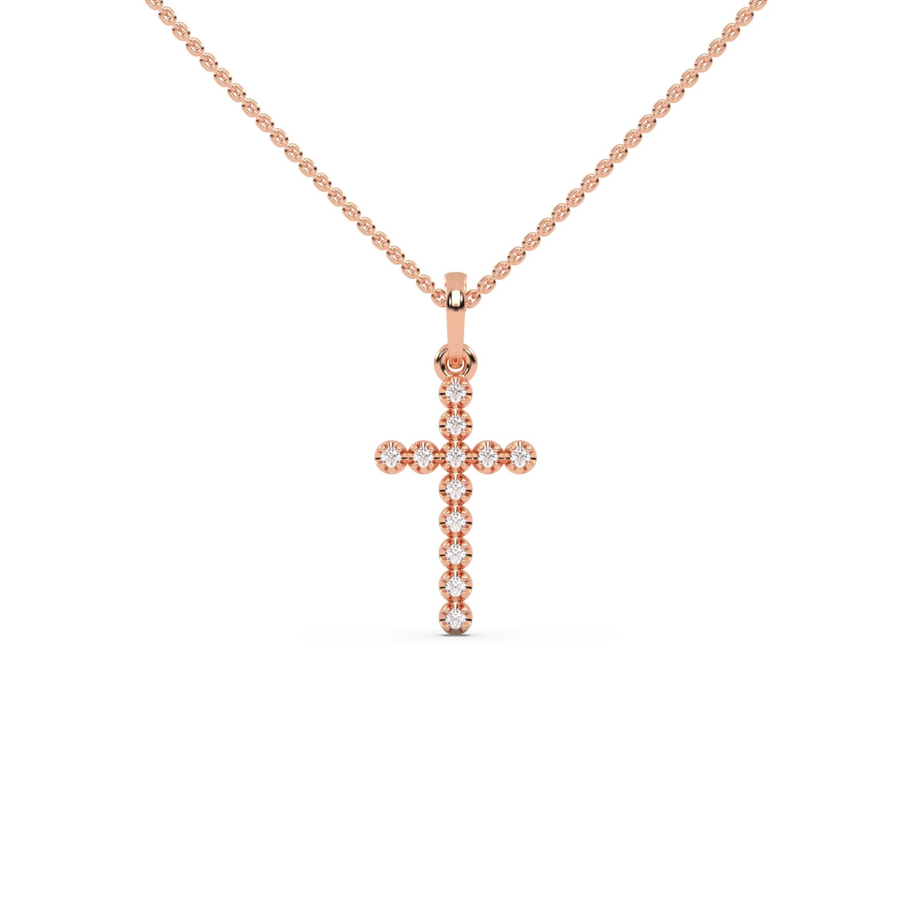 This rose gold Cross pendant made with 12 round diamonds, securely set in prongs in top view