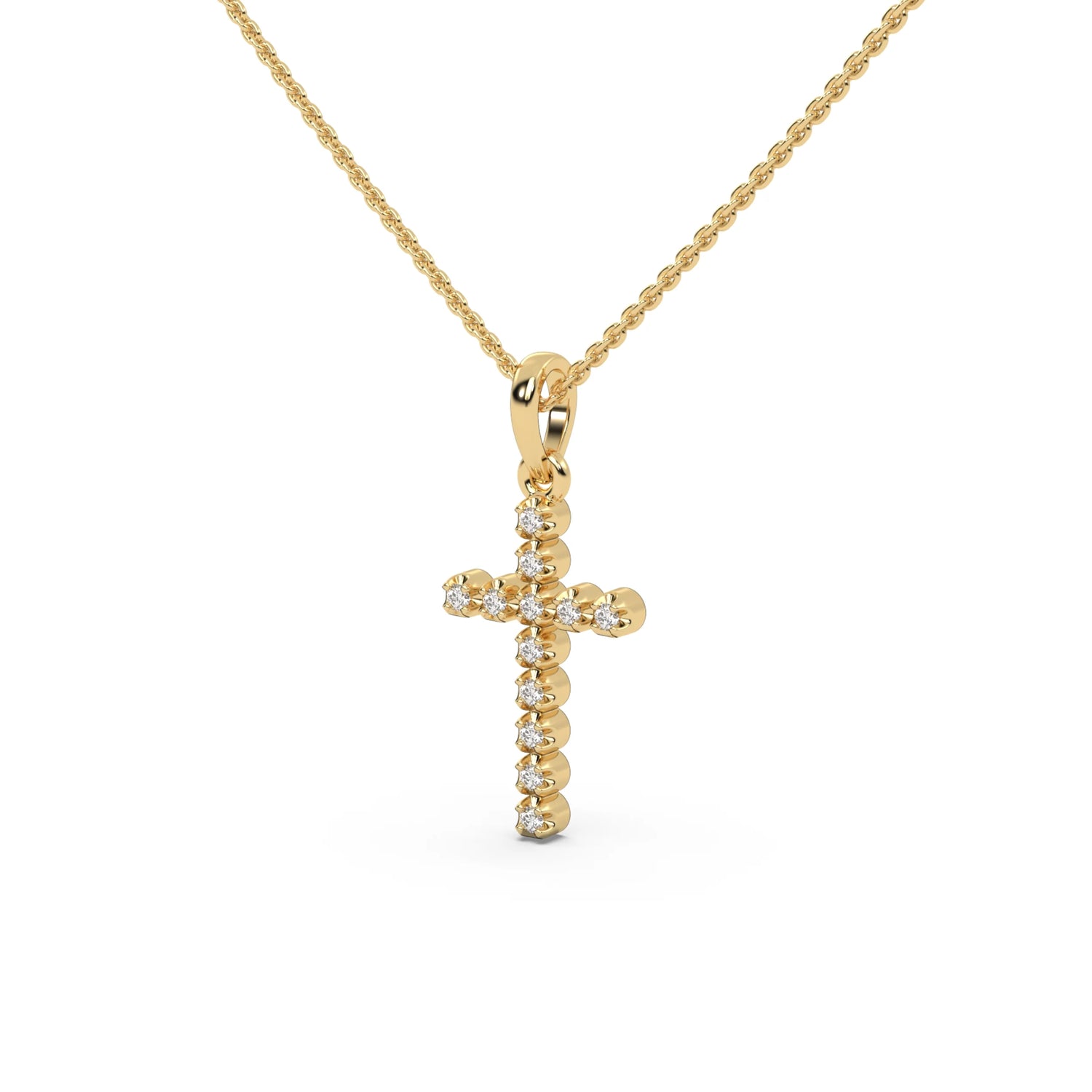 This yellow gold Cross pendant made with 12 round diamonds, securely set in prongs in side view