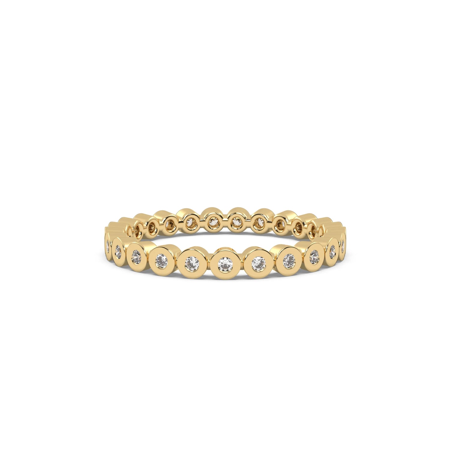 This yellow gold Full Eternity ring features round diamonds set in bezel setting in top view