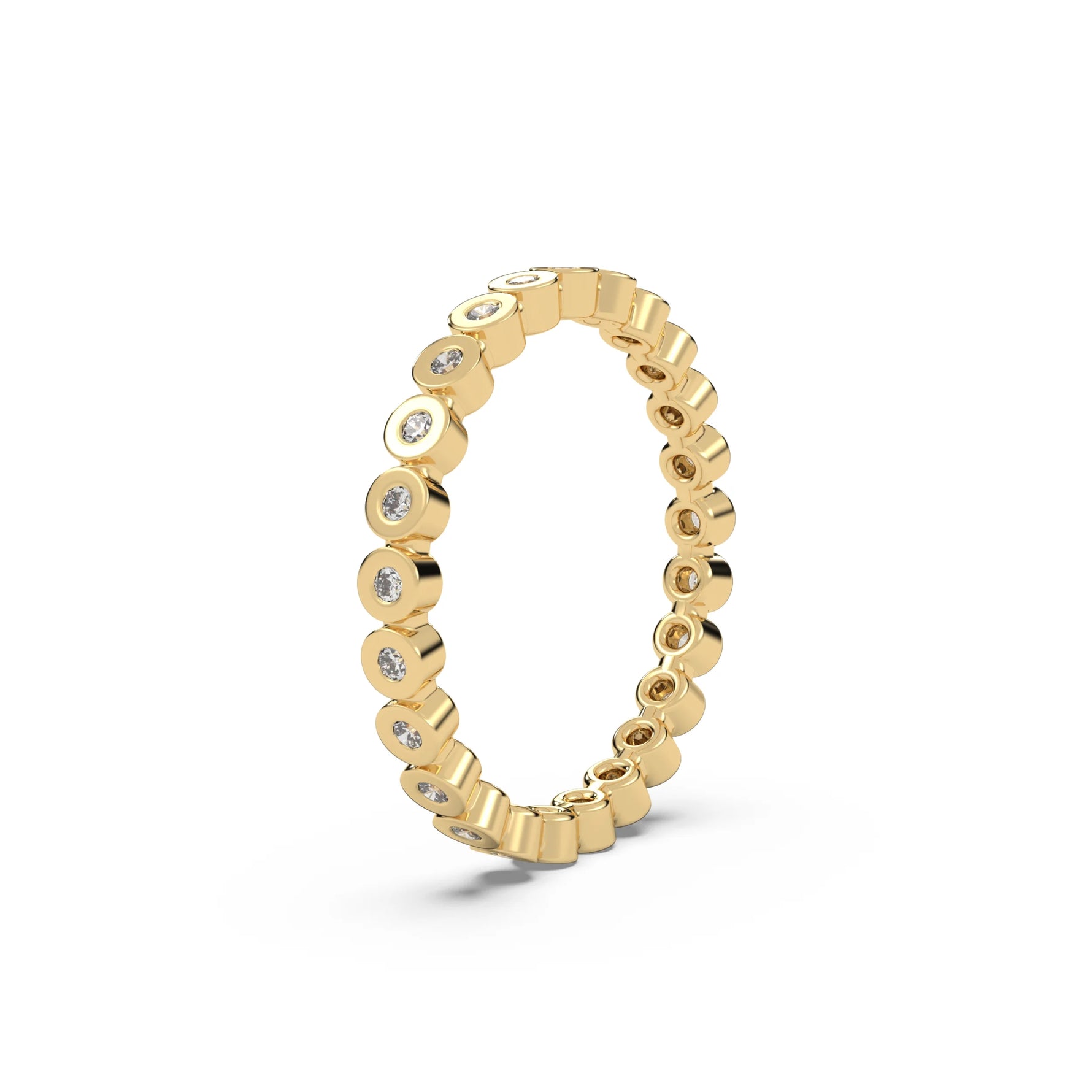 This yellow gold Full Eternity ring features round diamonds set in bezel setting in side view