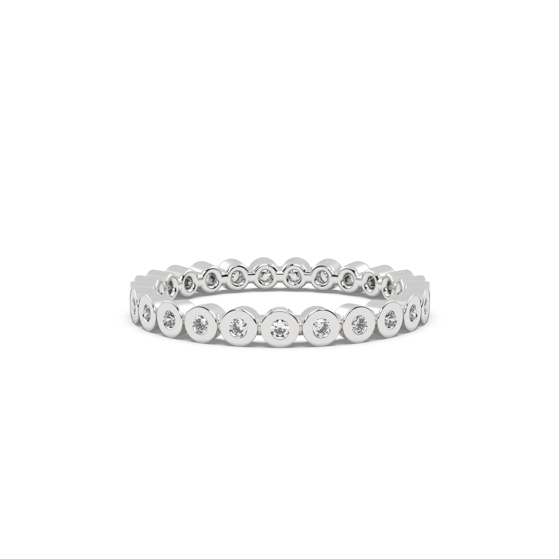 This white gold Full Eternity ring features round diamonds set in bezel setting in top view