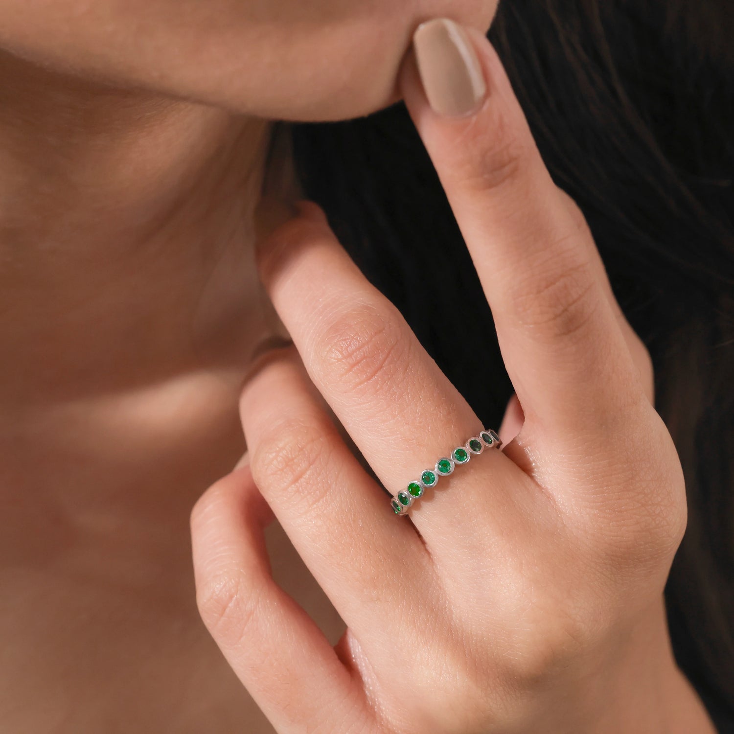 0.56 CT Round Natural Emerald Bezel Eternity Ring