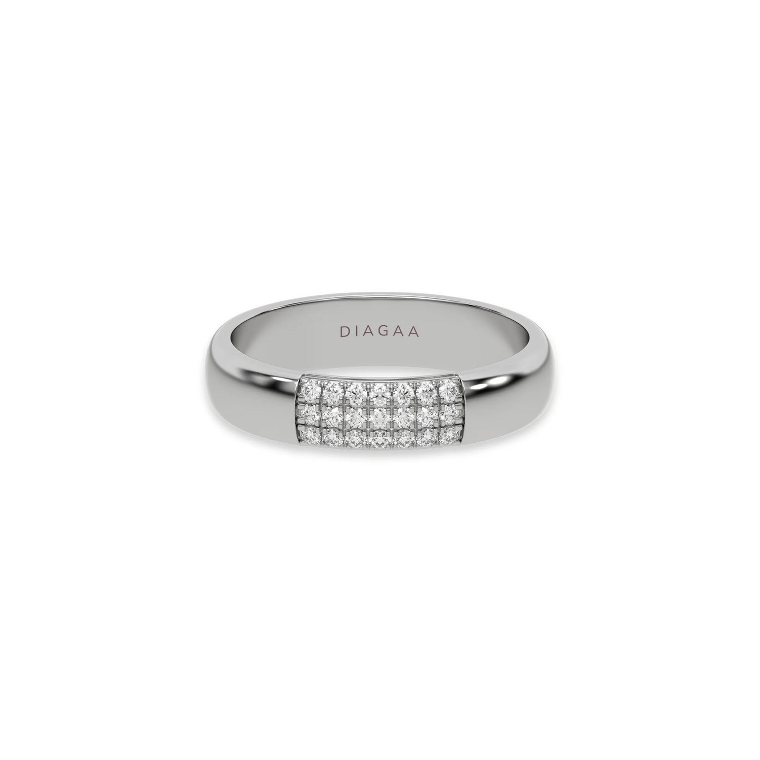 white gold anniversary band showcasing a sparkling 3-row round brilliant diamond grid.