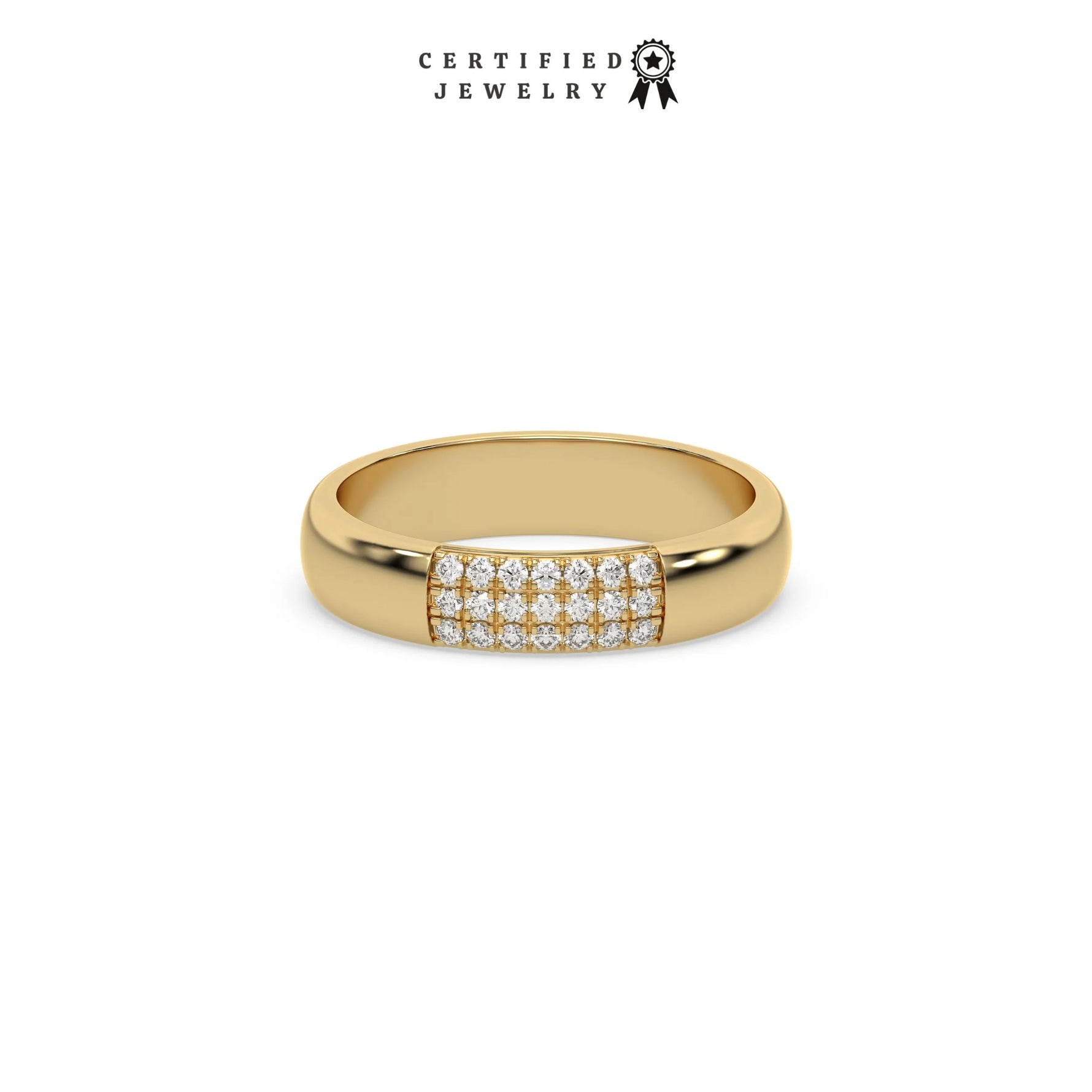 This yellow gold ring displayed in front view is made with round brilliant-cut diamond and set in a micro pave setting