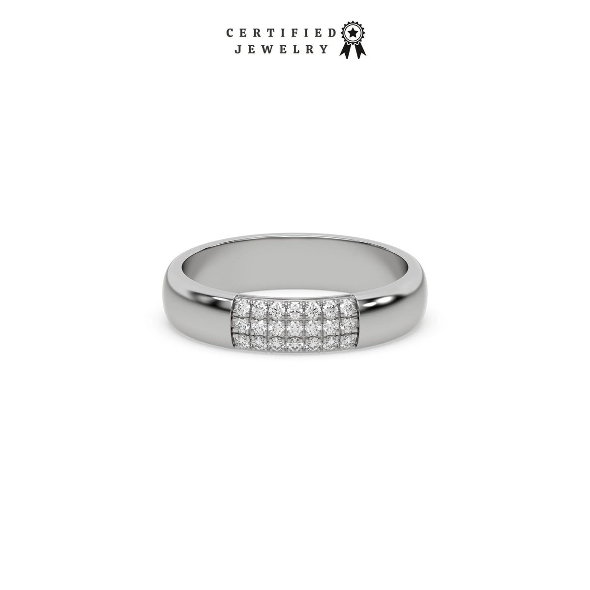 This white gold ring displayed in front view is made with round brilliant-cut diamond and set in a micro pave setting