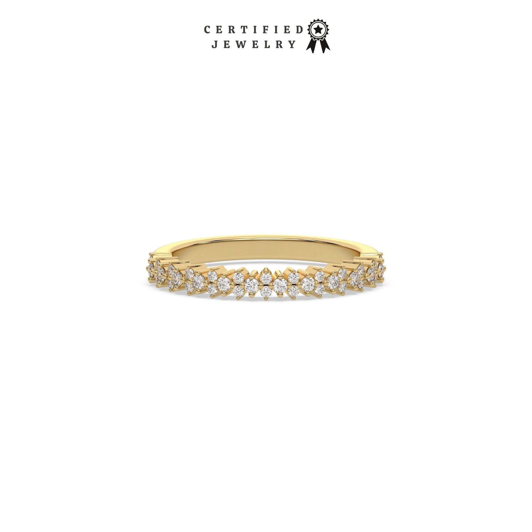 This yellow gold ring displayed on front view is made with brilliant round diamond set in prong setting