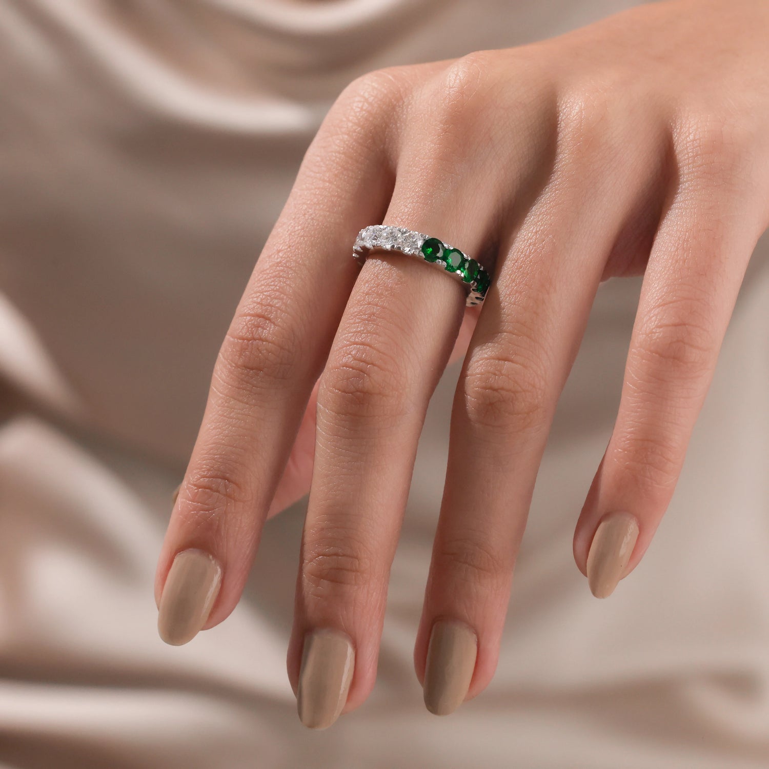 Round Cut Lab Diamond and Lab Emerald Green Gemstone Eternity Band
