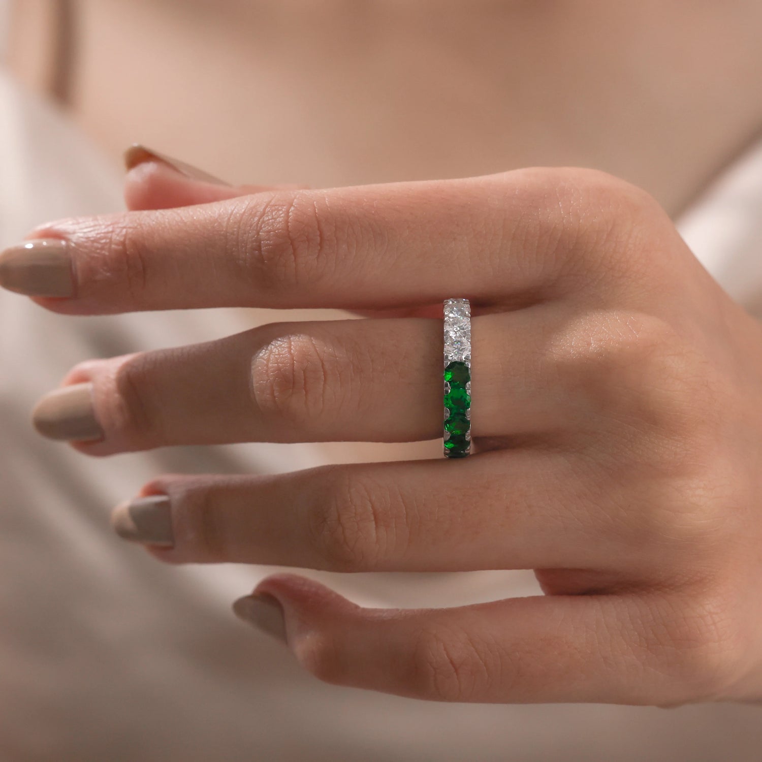 Round Lab Diamond & Natural Emerald Eternity Wedding Band