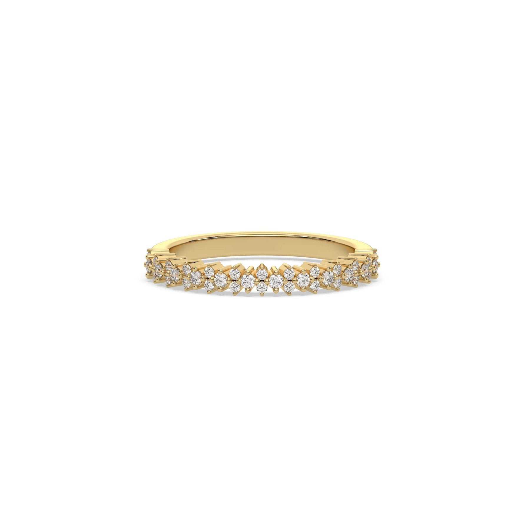 This yellow gold ring displayed on front view is made with brilliant round diamond set in prong setting