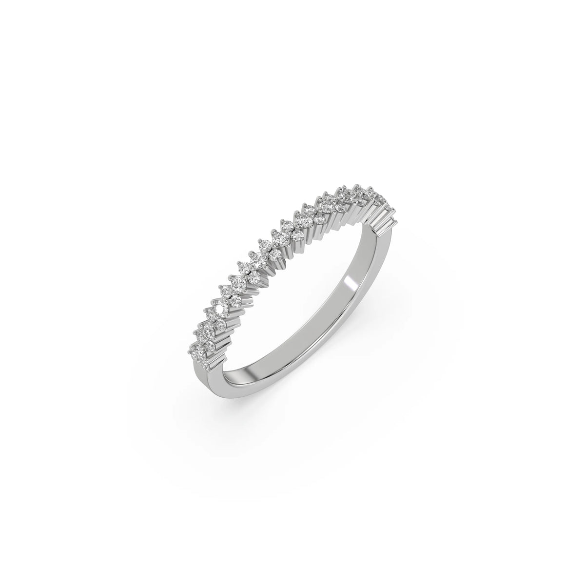 This white gold ring displayed on 3d  view is made with brilliant round diamond set in prong setting