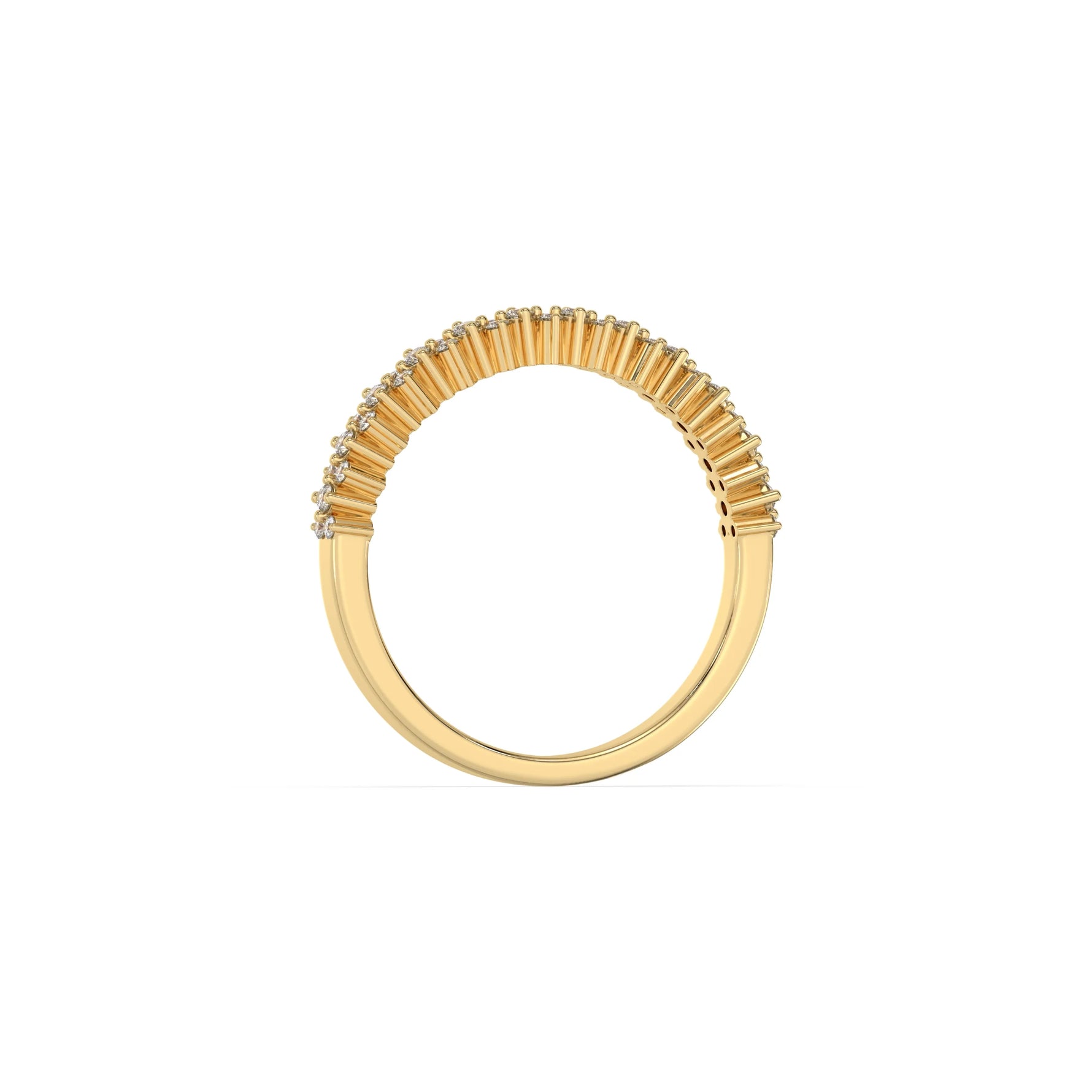 This yellow gold ring displayed on through finger view is made with brilliant round diamond set in prong setting