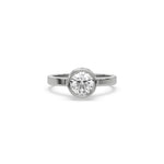 This white gold ring displayed on front view is made with brilliant round solitaire diamond set in bezel setting