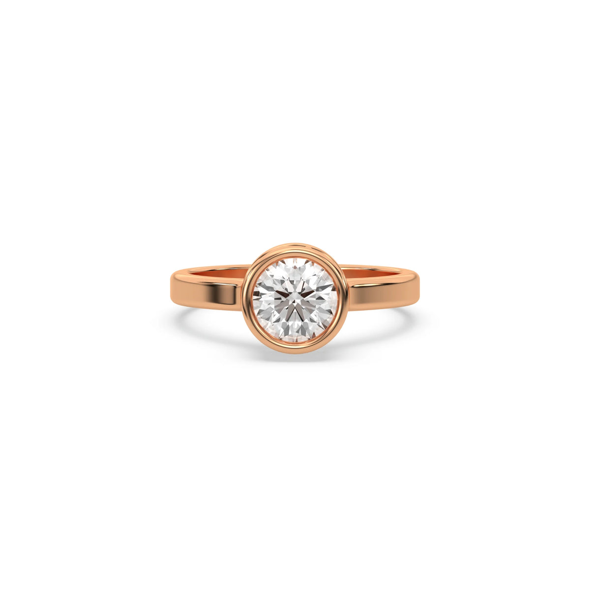 This rose gold ring displayed on front view is made with brilliant round solitaire diamond set in bezel setting