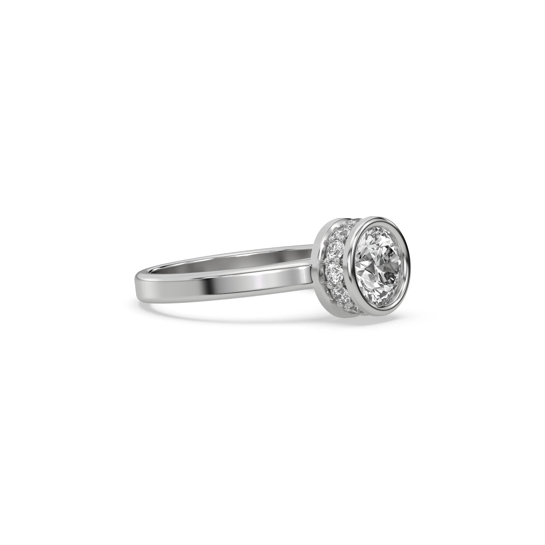 This white gold ring displayed on side view is made with brilliant round solitaire diamond set in bezel setting