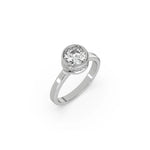 This white gold ring displayed on 3d view is made with brilliant round solitaire diamond set in bezel setting