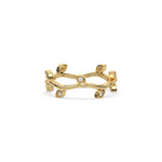 Dainty yellow gold leaf ring with a wavy vine band and round cut diamonds. Organic nature-inspired botanical wedding band jewelry for women.
