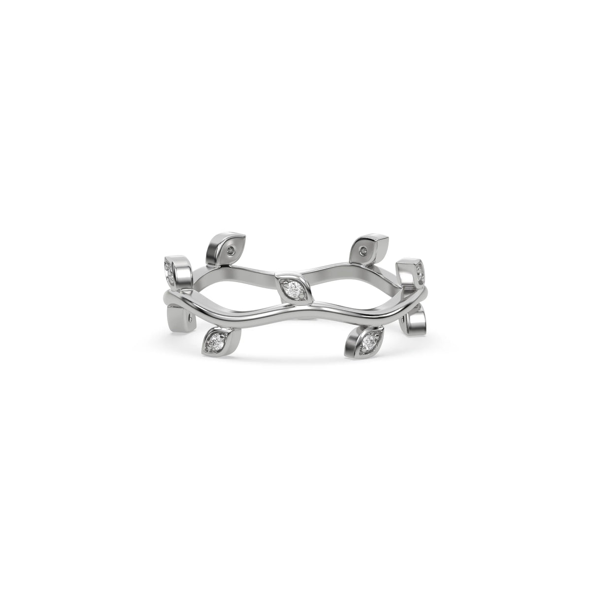 Dainty 14k white gold leaf ring with a wavy vine band and round cut diamonds. Organic nature-inspired botanical wedding band jewelry for women.